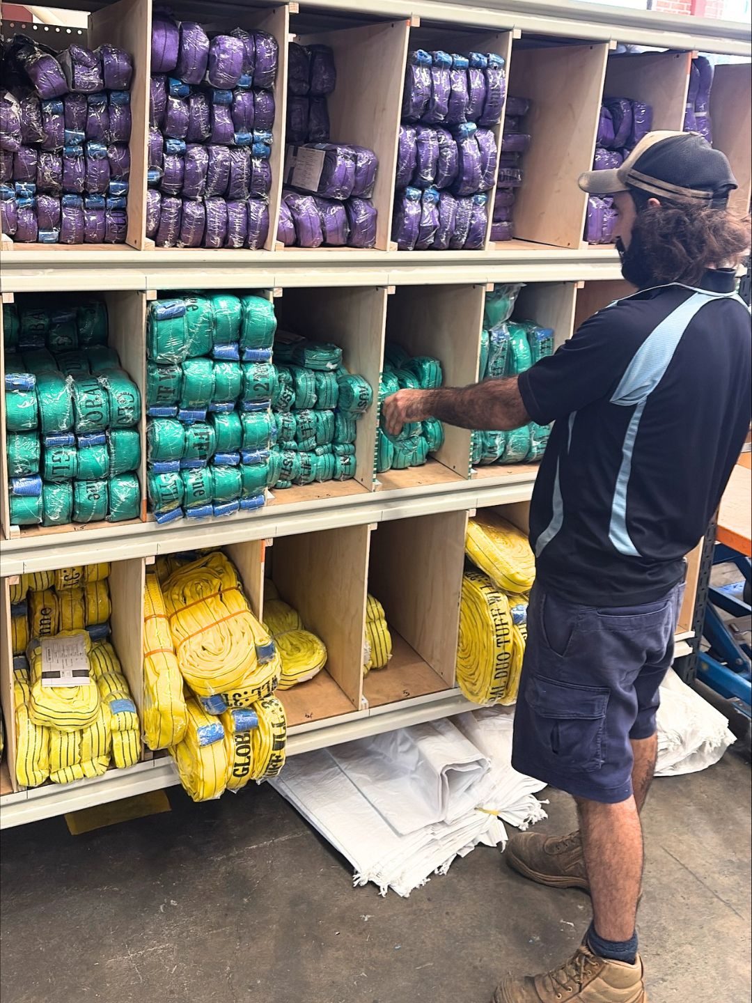 Wire rope reels and rigging stock on racking at the SLE Mount Kuring-gai warehouse